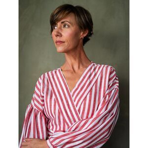 Boohoo Red White Striped Wrap Crop Blouse Balloon Sleeve Top-US 4